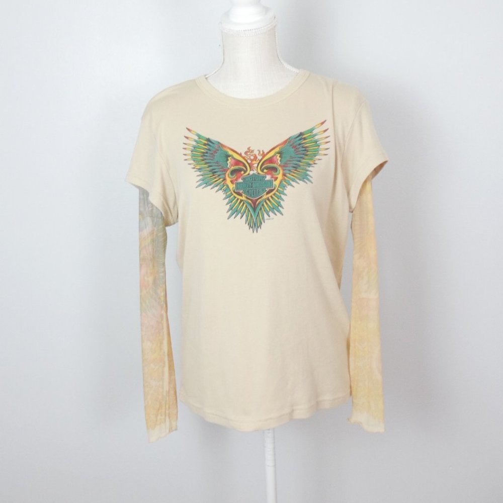 Vintage Y2K Harley Davidson Tan Cream Tee with Tattoo Sleeve Mesh Large